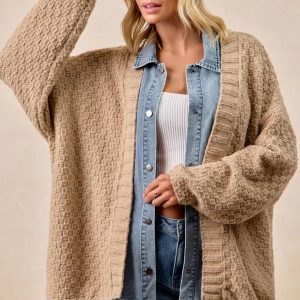 Long Cardigan Sweater With Washed Denim: Jean Patchwork