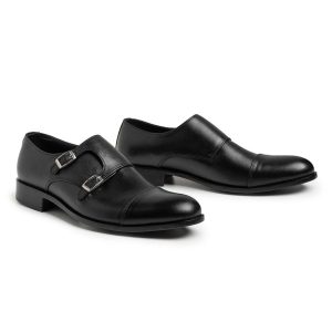 Men's Black Double Monk Strap Shoes Captoe Leather
