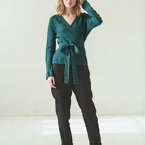 Wrap Linen Blouse: Long Sleeve Elegant Top