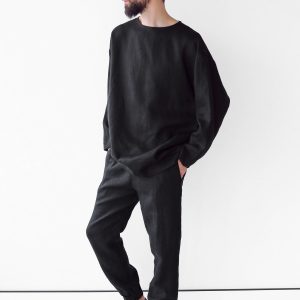 Mens Linen Oversize Sweatshirt Black Shirt For Men