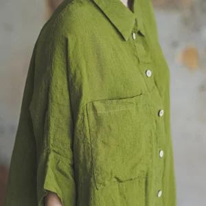 Moss Green Linen Shirt: Kimono Sleeve Retro Style
