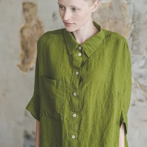 Moss Green Linen Shirt: Kimono Sleeve Retro Style