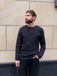 Mens Linen T Shirt Narrow Neck Long Sleeve