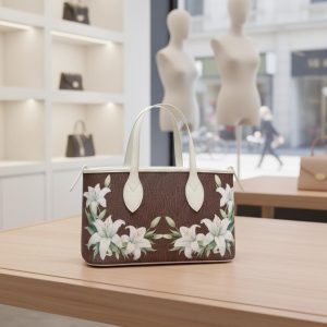 Floral Lily Handbag: Brown Pu Leather Tote Elegant